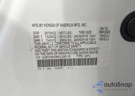 2019 Acura Mdx Standard z USA, uszkodzony, nr VIN 5J8YD4H35KL035116
